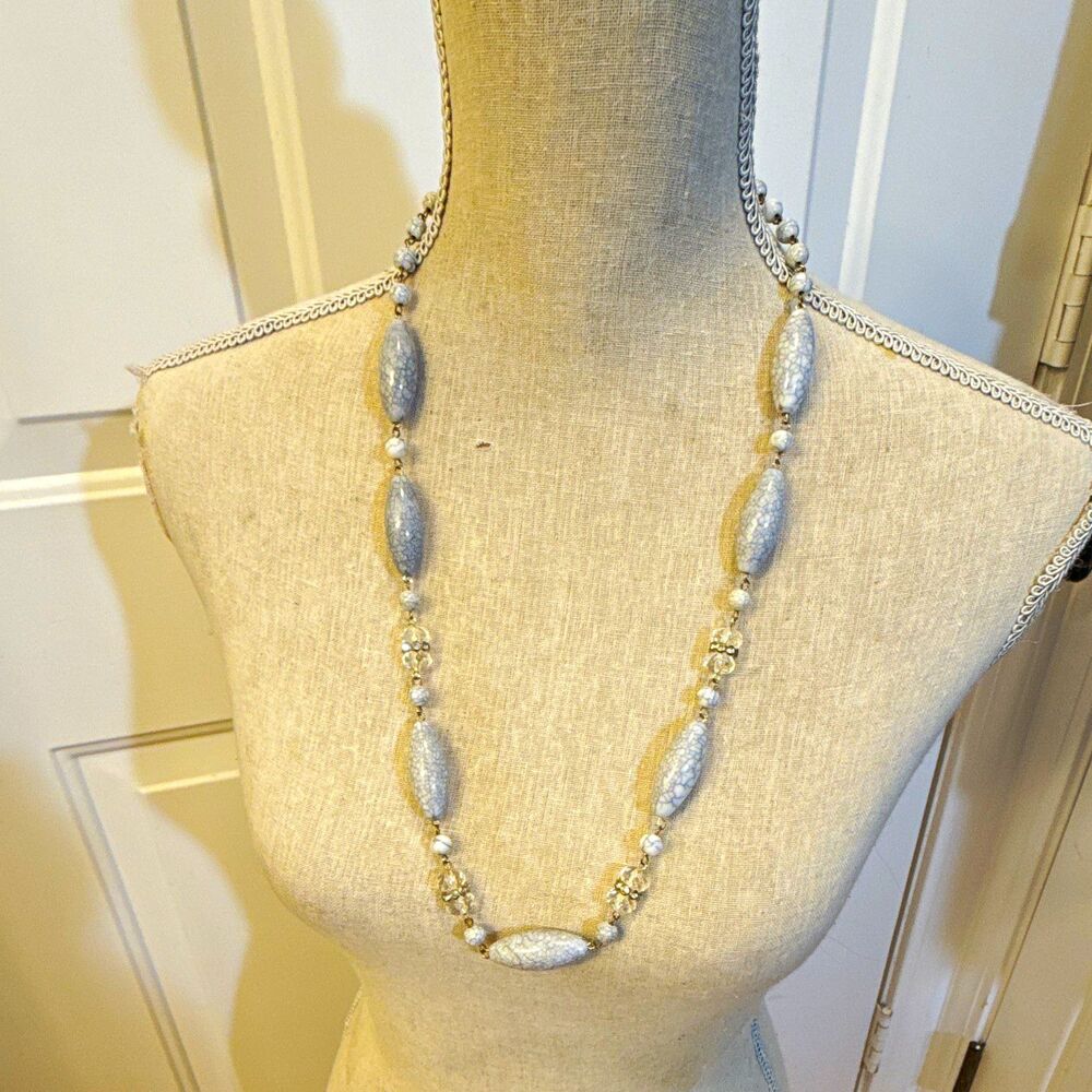 Silver Tone White Glass Beaded Necklace 32 in Adjustable Cable Chain Lobster